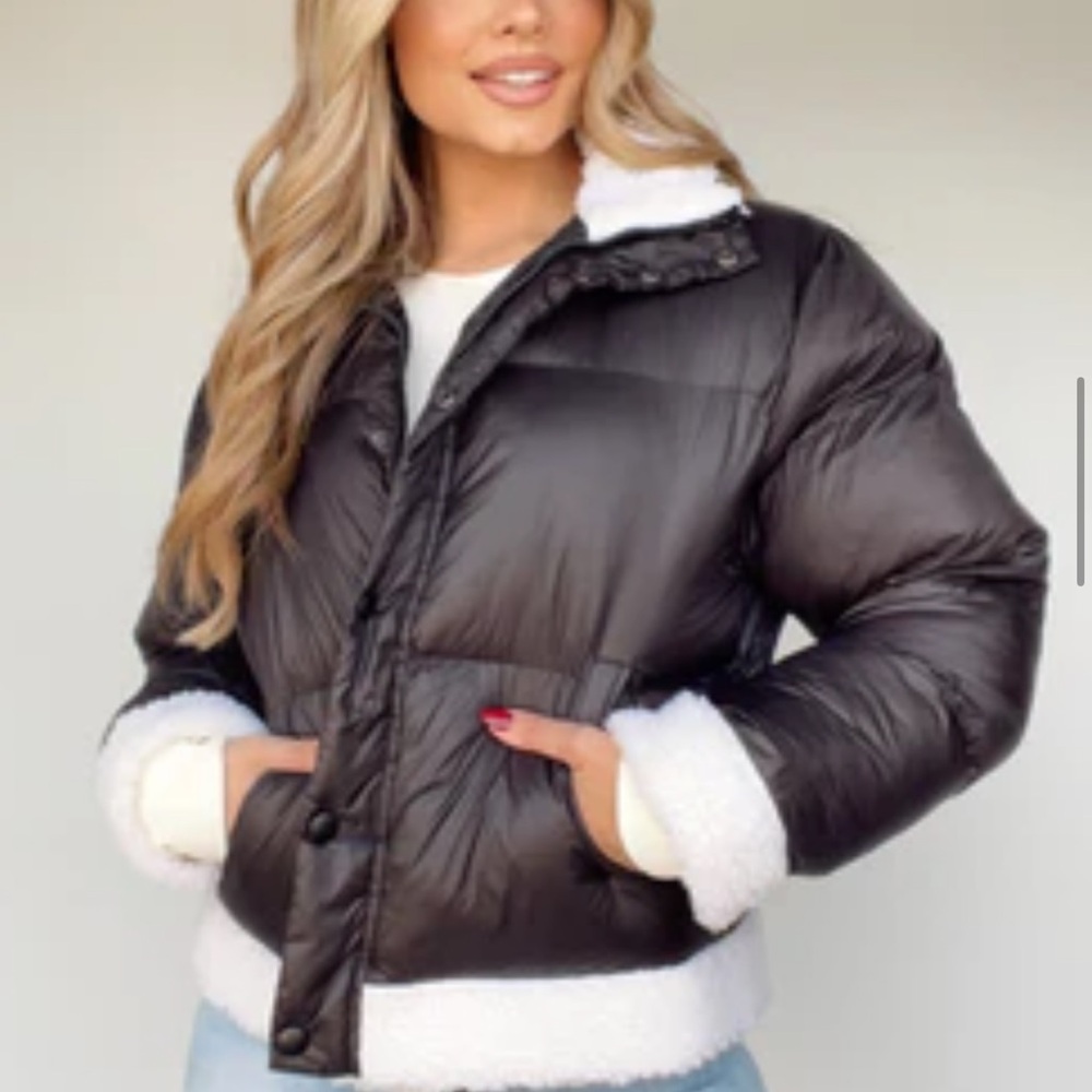 Women's Black Puffer Jacket with White Trim
